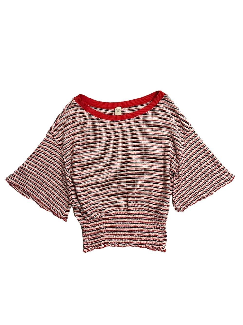 We The Free by Free People Red, White, and Blue Striped Short Bell Sleeves Top M